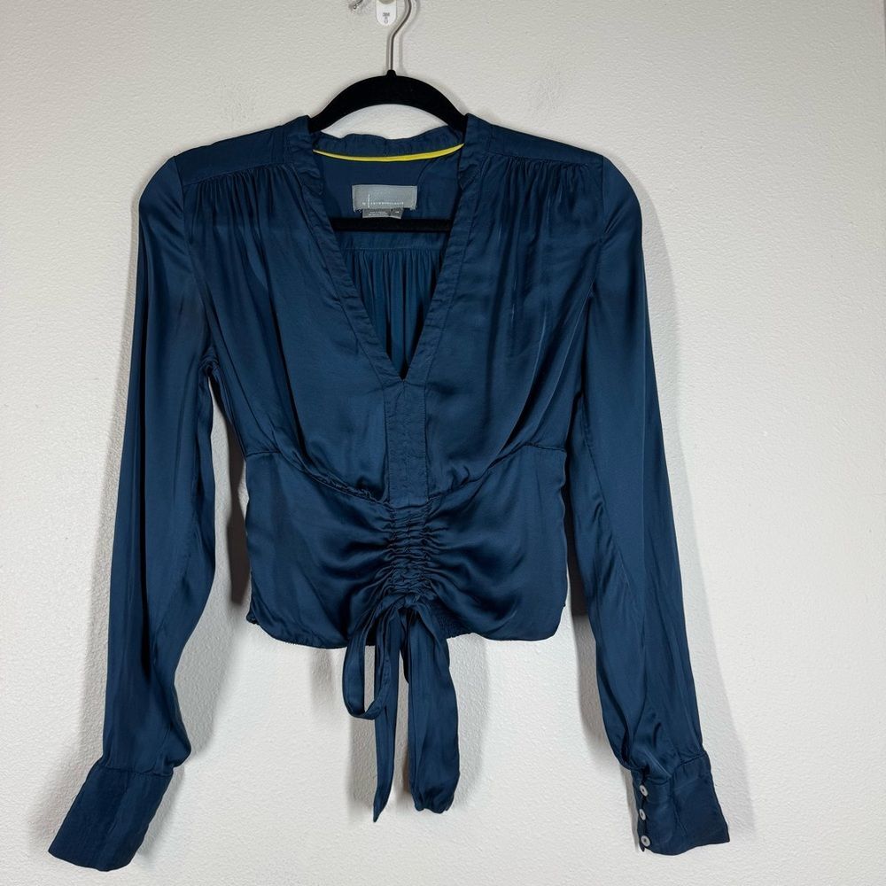 Anthropologie Deep V Neck Ruched Back Blouse Blue Long Sleeve Shirt Women’s XS